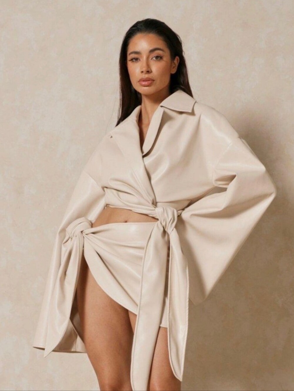 Misspap Cream Faux-Leather Wrap Jacket